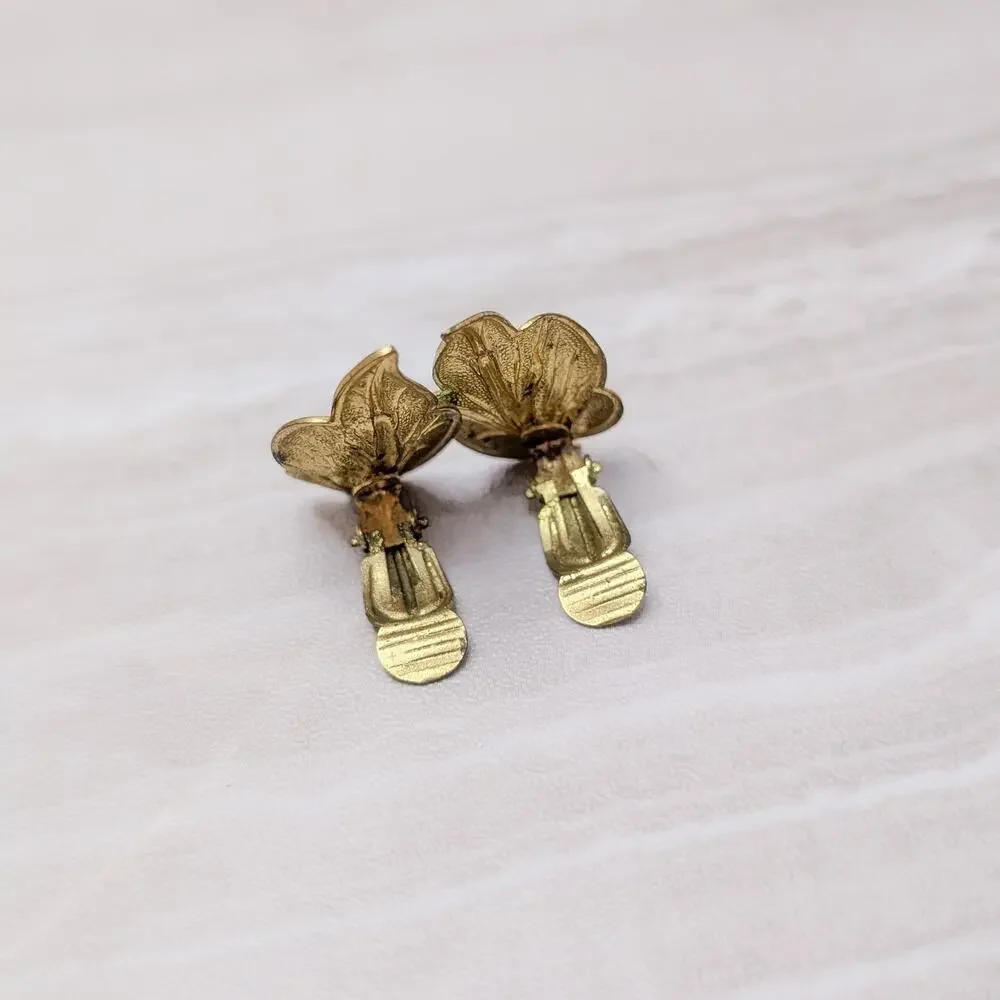 Vintage Clip On Earrings Light Green, Gold Tone, Faux Pearl - Condition Issues